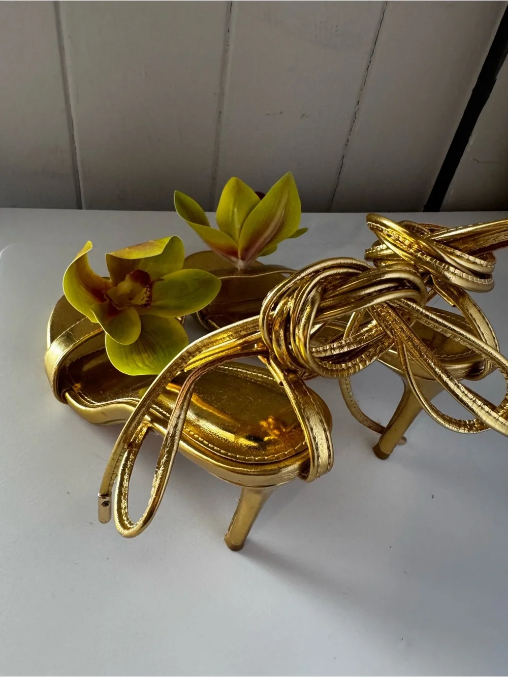 Miss Lola Gold with Green Floral Embellished High Heel Sandals